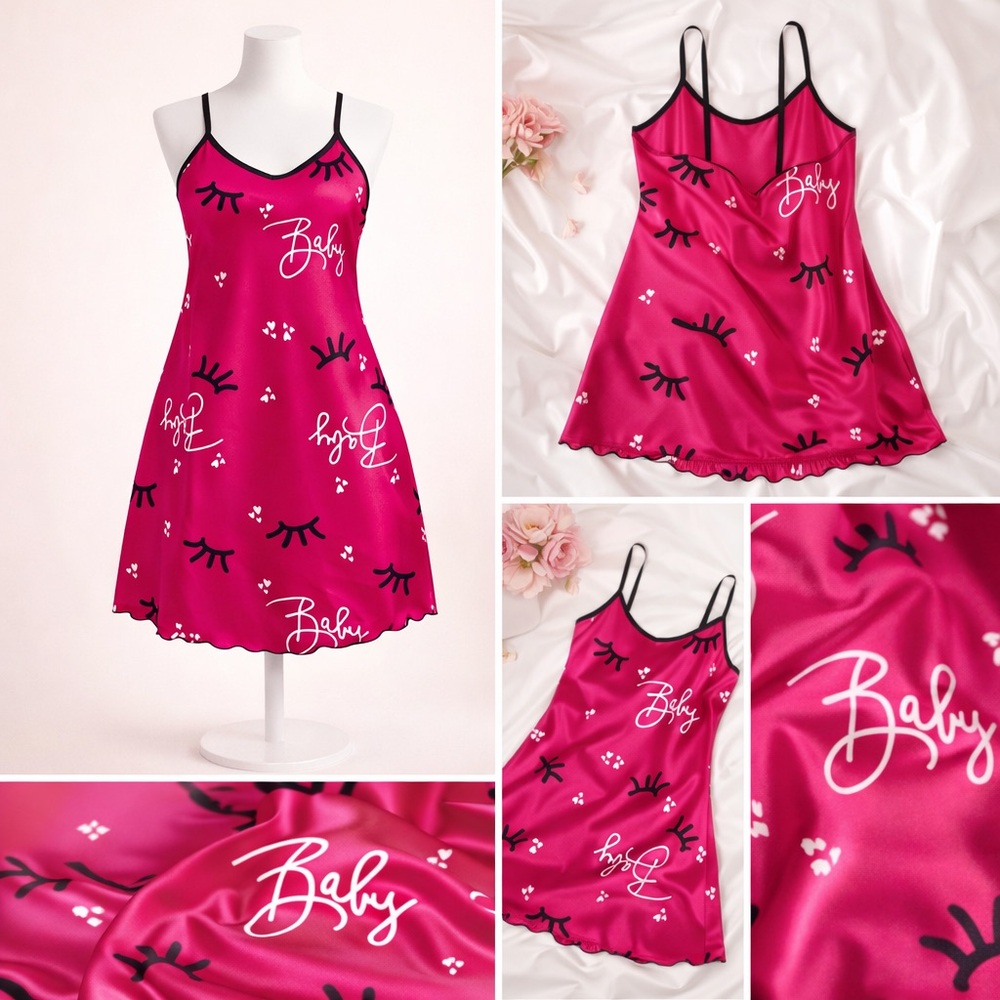 “Pink Satin Slip Nightgown L | Backless Babydoll Sleep Dress | Eyelash Print” - Picture 4 of 9
